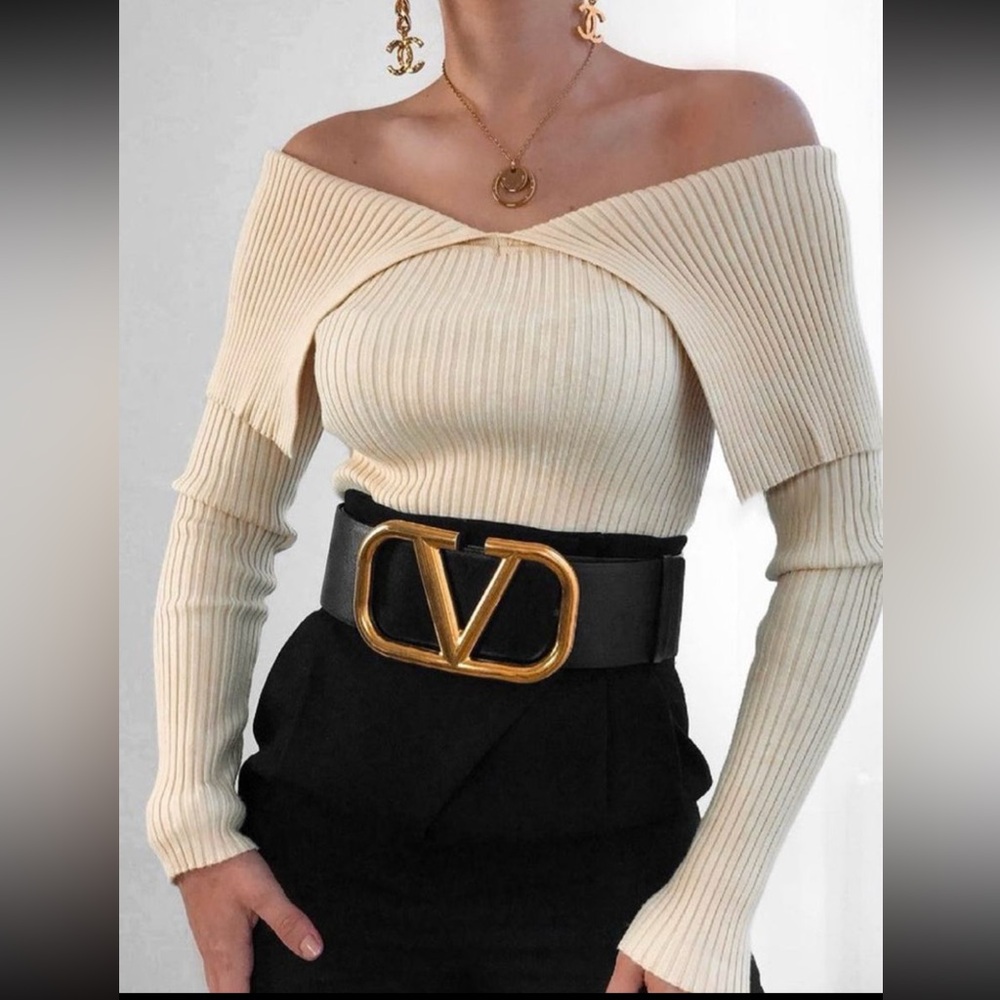 Cream Ribbed Knit Off-Shoulder Long Sleeve Draped Style Sweater Top